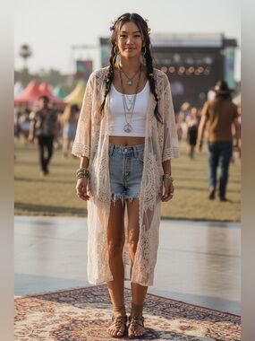 Cream lace topper beach coverup, robe, Medium, embroidered Boho Festival